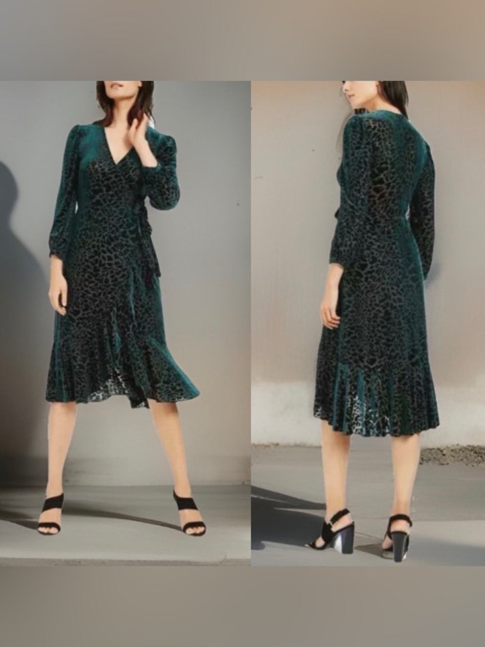 NWT Calvin Klein Emerald Green Velvet Print Faux Wrap Long-Sleeve Midi Dress-4